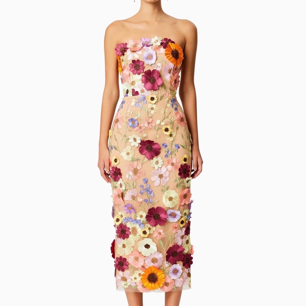 Elliatt Strapless Floral Appliqué Midi Dress in Pink and Multi